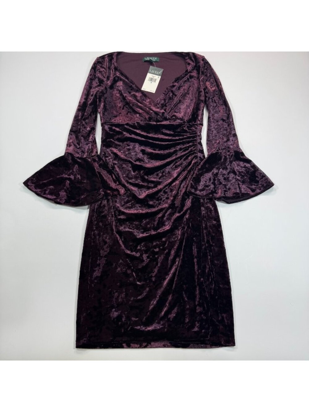 Lauren Ralph Lauren Dress Womens 0 Red Polyester Velvet Wrap Mini Bell-Sleeve